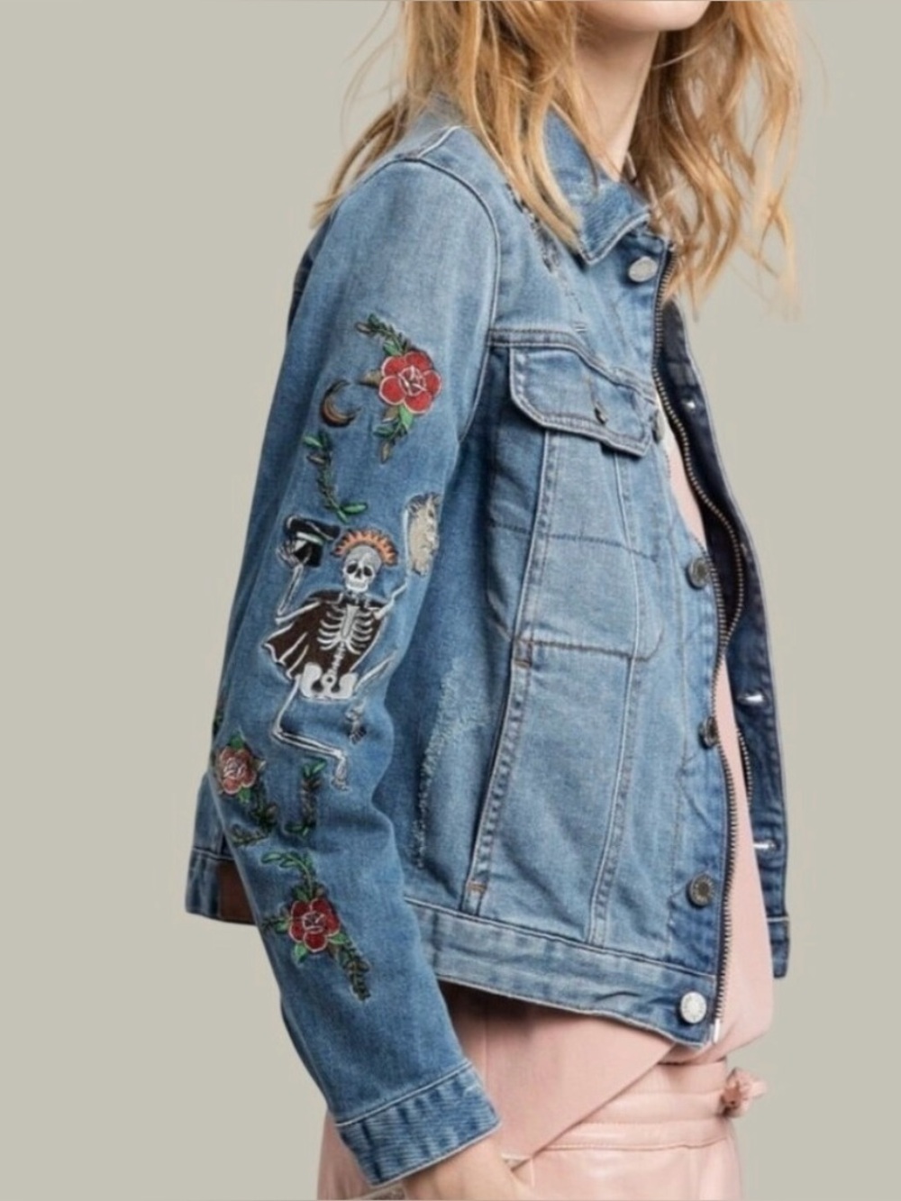 Zadig & Voltaire Light Wash Denim Embroidered Jacket with Animal Floral Skeleton